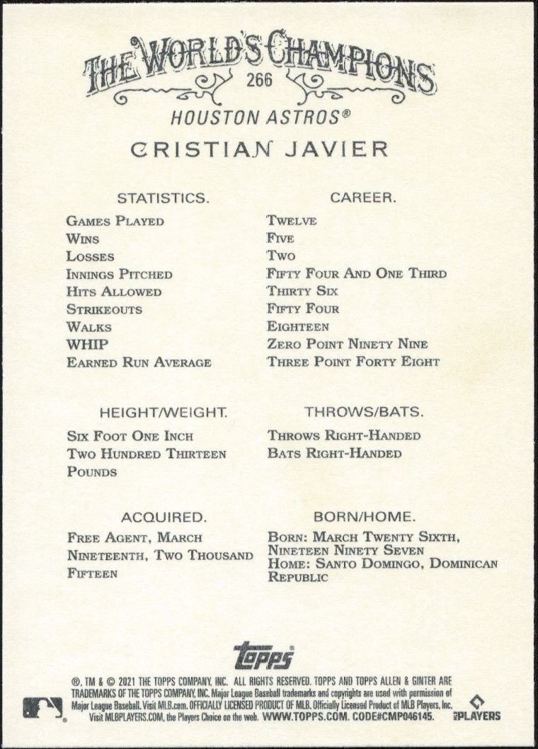 2021 Topps Allen & Ginter Cristian Javier #266 baseball trading card back