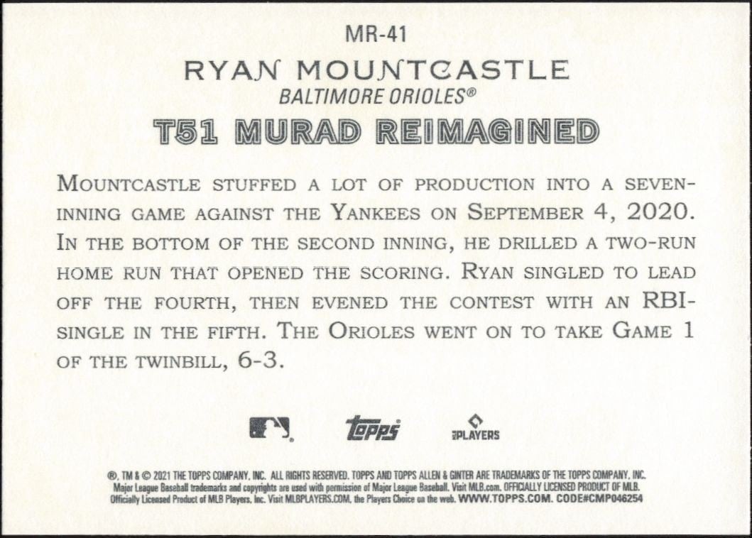 2021 Topps Allen & Ginter Ryan Mountcastle #MR-41 baseball trading card back