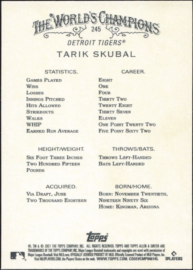 2021 Topps Allen & Ginter Tarik Skubal #245 baseball trading card back