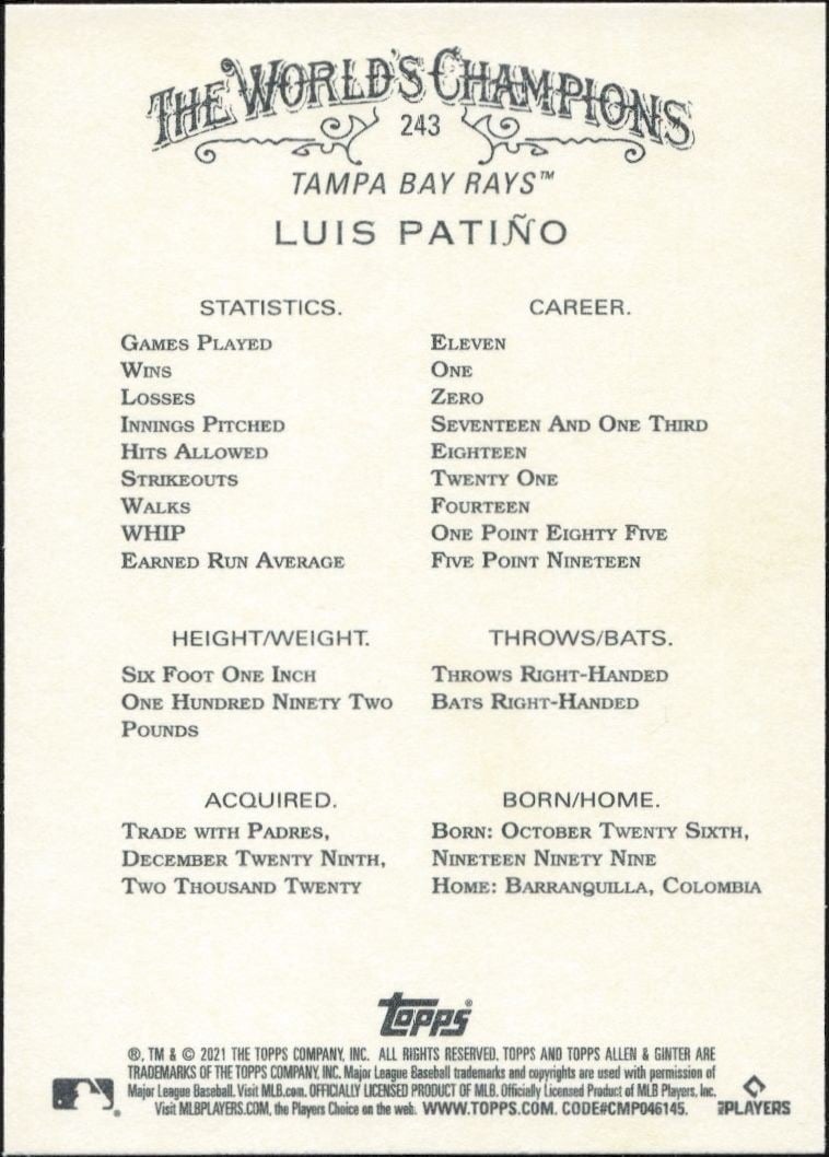 2021 Topps Allen & Ginter Luis Patiño #243 baseball trading card back