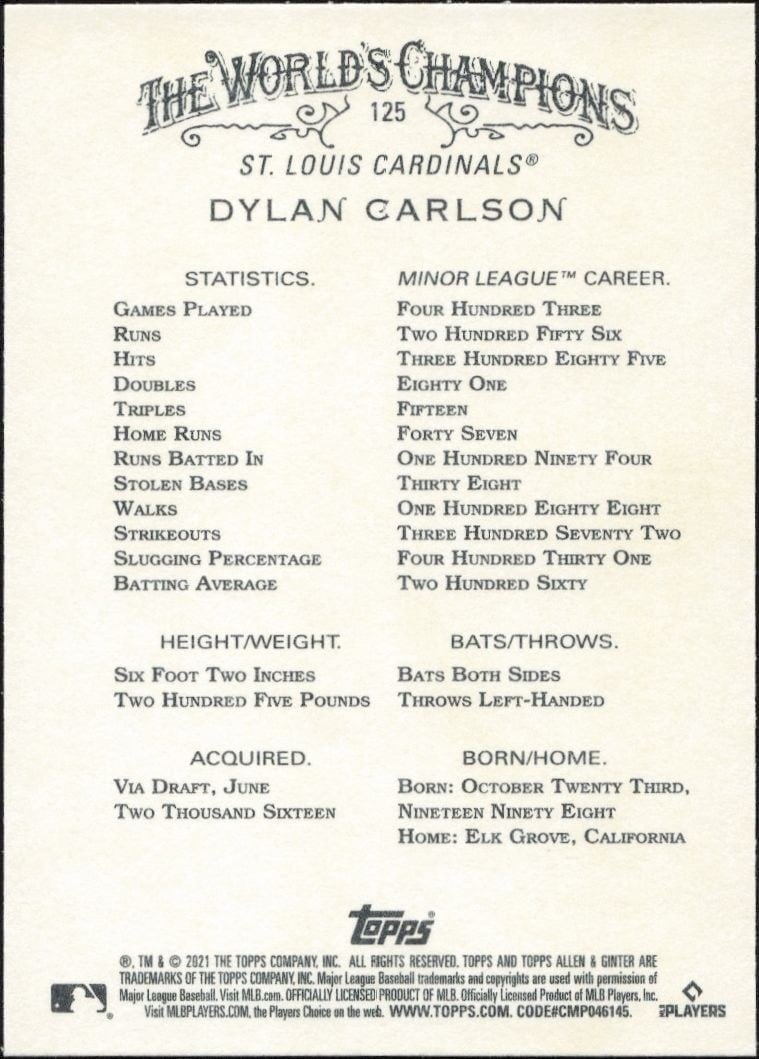 2021 Topps Allen & Ginter Dylan Carlson #125 baseball trading card back