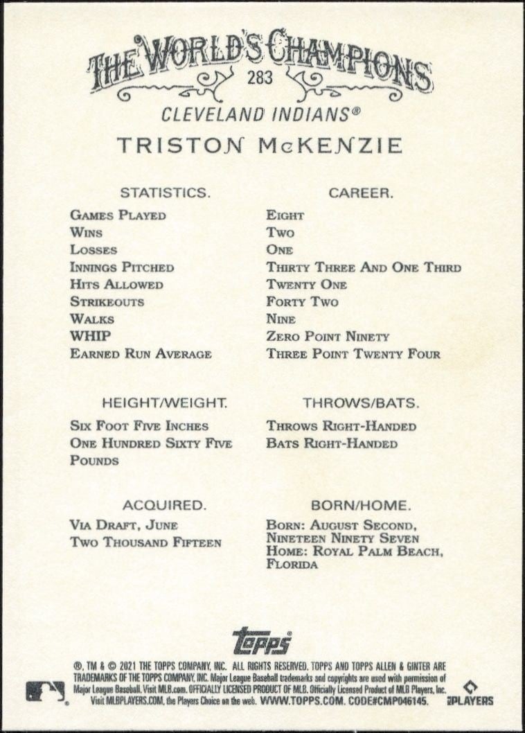 2021 Topps Allen & Ginter Triston McKenzie #283 baseball trading card back