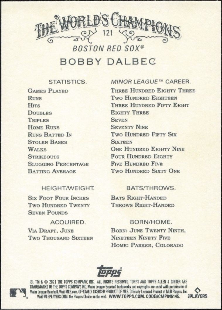 2021 Topps Allen & Ginter Bobby Dalbec #121 baseball trading card back