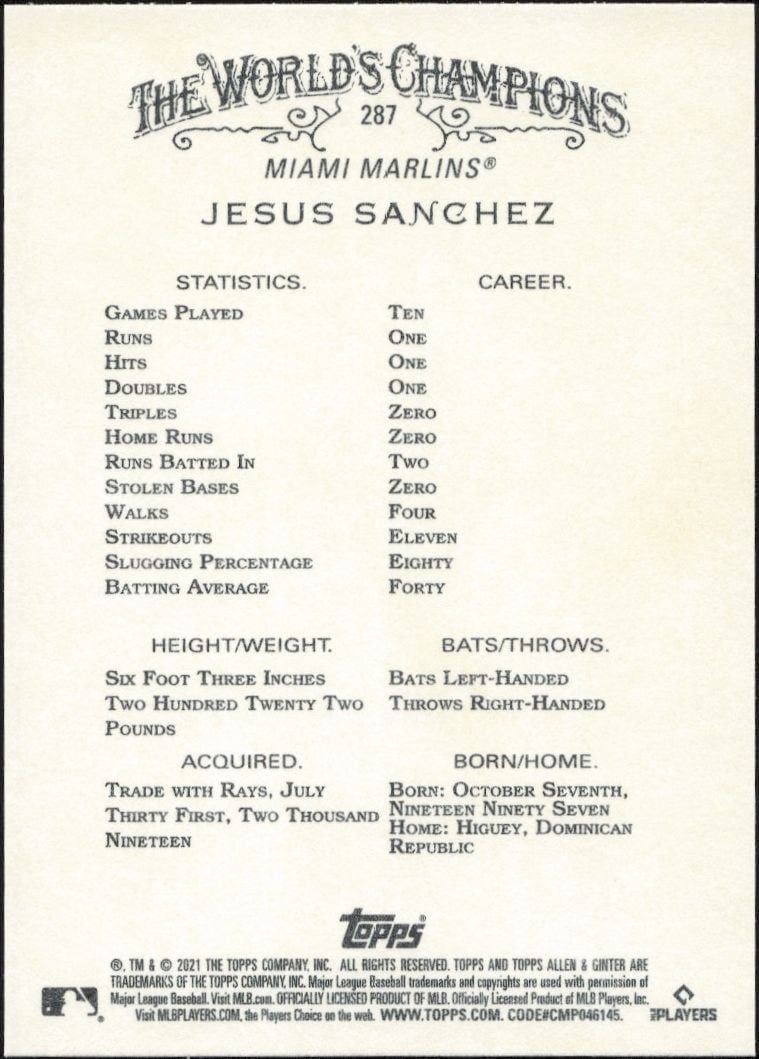 2021 Topps Allen & Ginter Jesus Sanchez #287 baseball trading card back