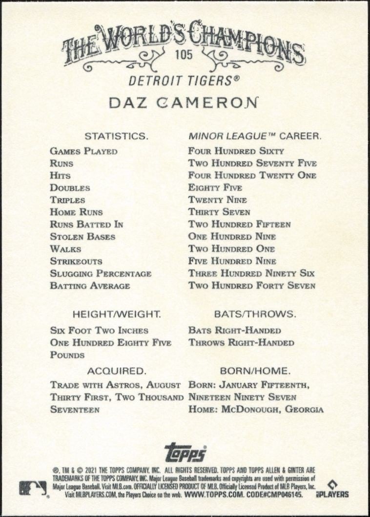 2021 Topps Allen & Ginter Daz Cameron #105 baseball trading card back