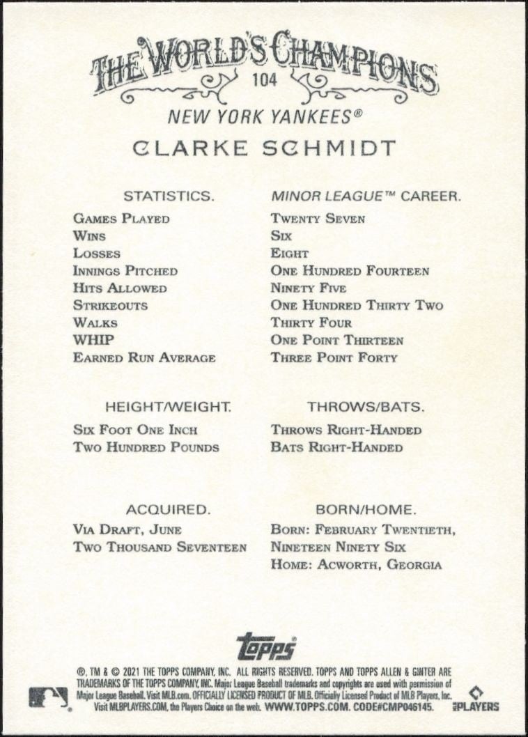 2021 Topps Allen & Ginter Clarke Schmidt #104 baseball trading card back