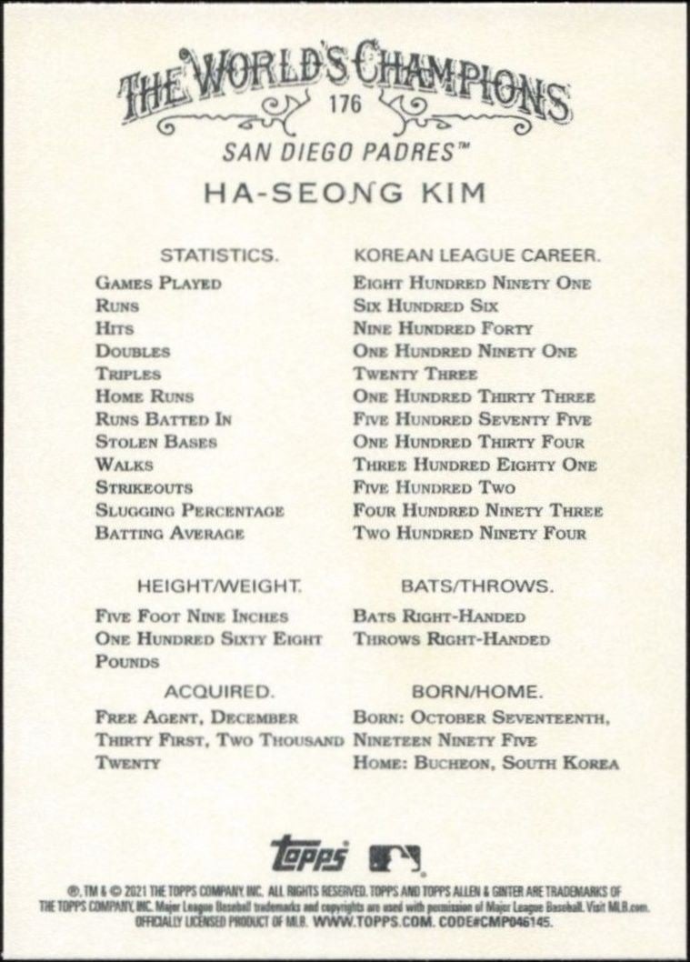 2021 Topps Allen & Ginter Ha-Seong Kim #176 baseball trading card back
