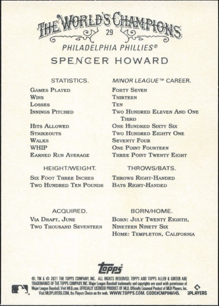 2021 Topps Allen & Ginter Spencer Howard #29 baseball trading card back