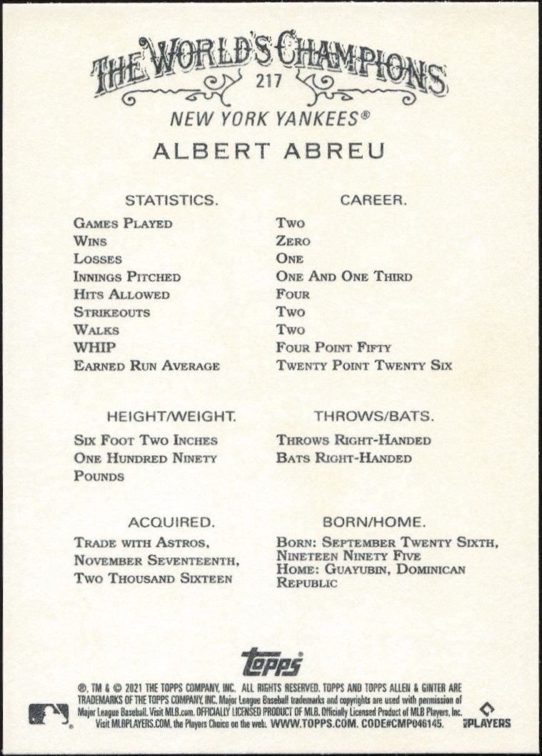 2021 Topps Allen & Ginter Albert Abreu #217 baseball trading card back