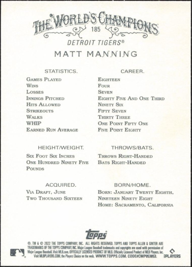 2022 Topps Allen & Ginter Matt Manning #185 baseball trading card back