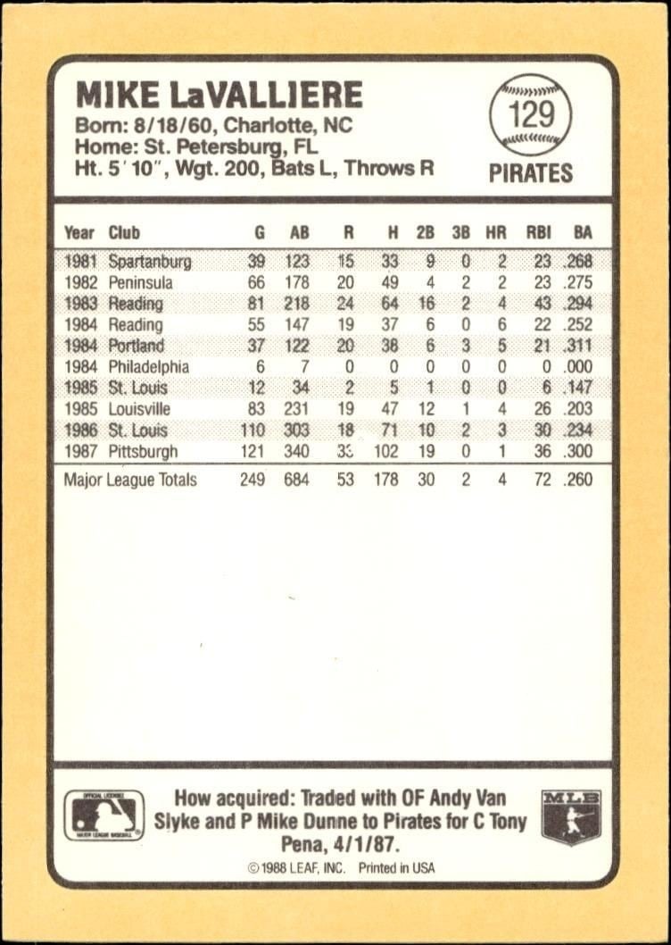 1988 Donruss Baseball's Best Mike LaValliere #129 baseball trading card back