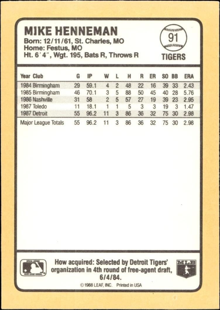 1988 Donruss Baseball's Best Mike Henneman #91 baseball trading card back