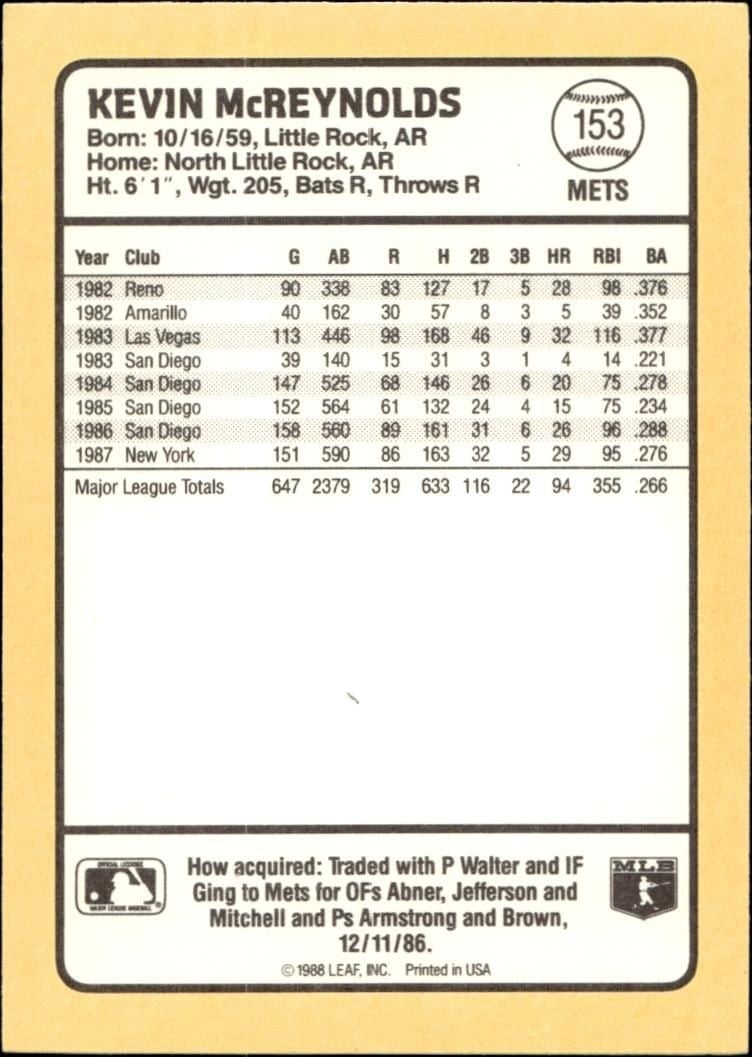 1988 Donruss Baseball's Best Kevin McReynolds #153 baseball trading card back