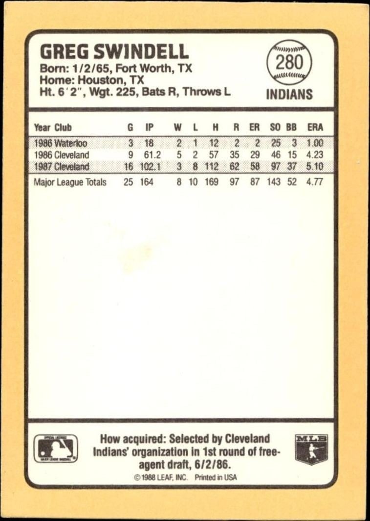 1988 Donruss Baseball's Best Greg Swindell #280 baseball trading card back