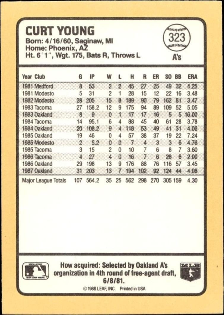 1988 Donruss Baseball's Best Curt Young #323 baseball trading card back