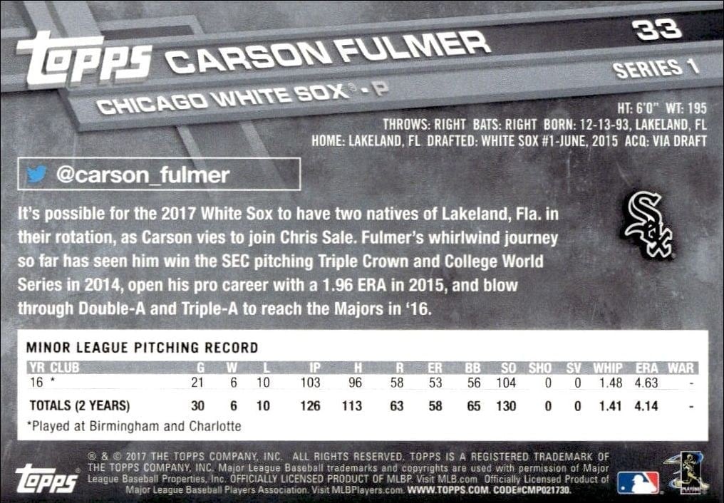 2017 Topps Carson Fulmer #33 baseball trading card back
