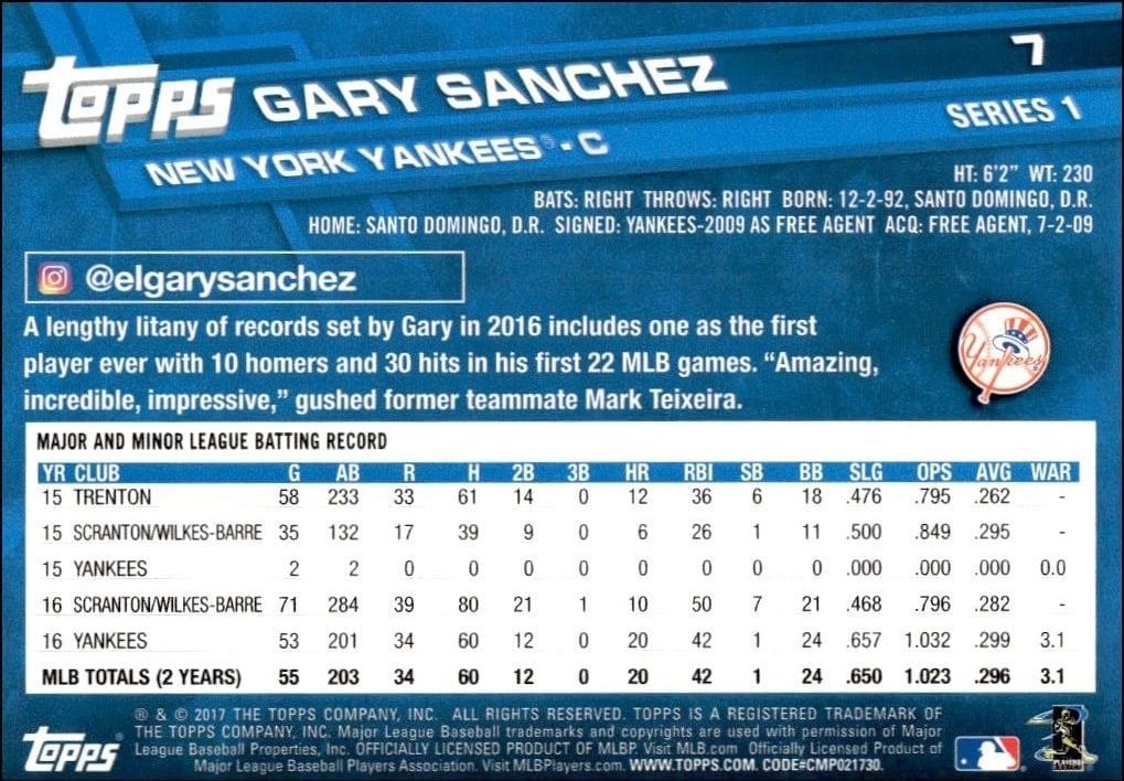 2017 Topps Gary Sanchez #7 baseball trading card back