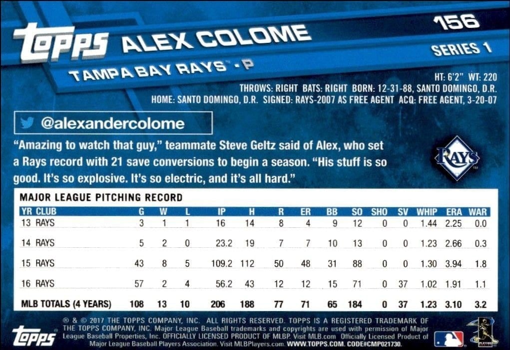 2017 Topps Alex Colome #156 baseball trading card back