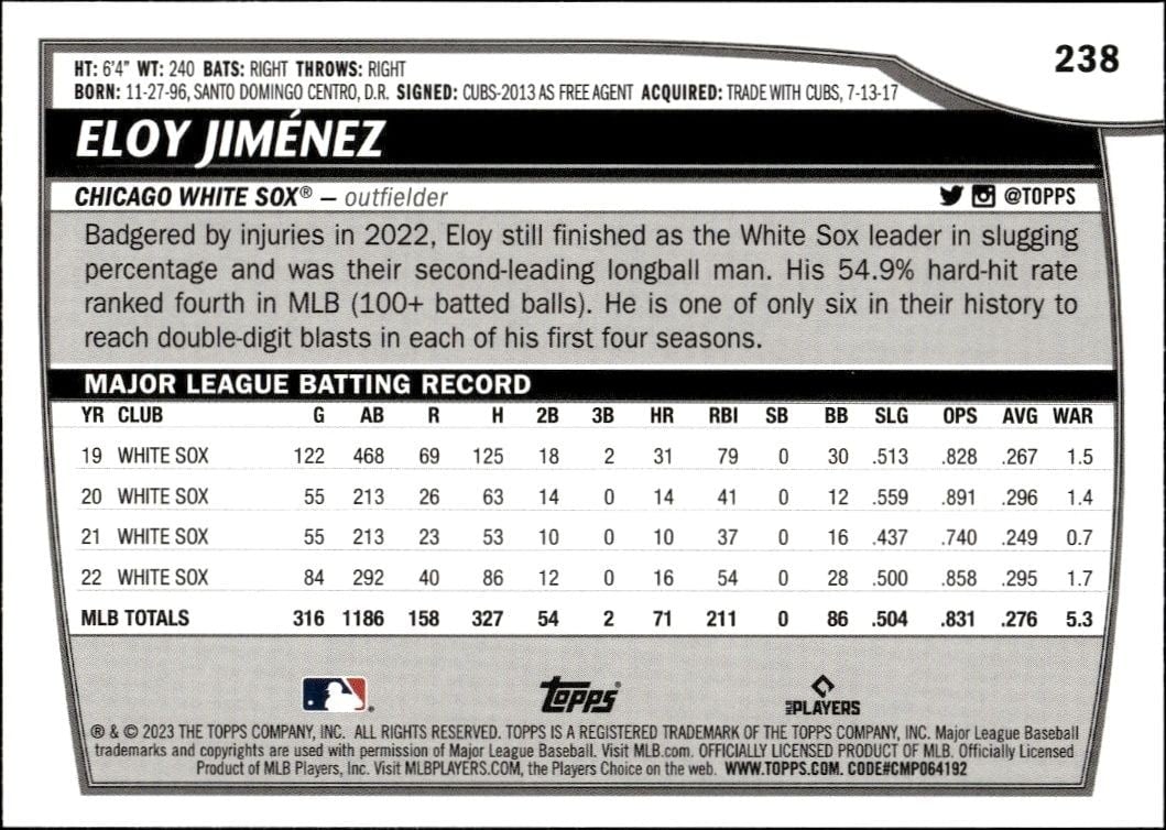 2023 Topps Big League Eloy Jimenez #238 baseball trading card back
