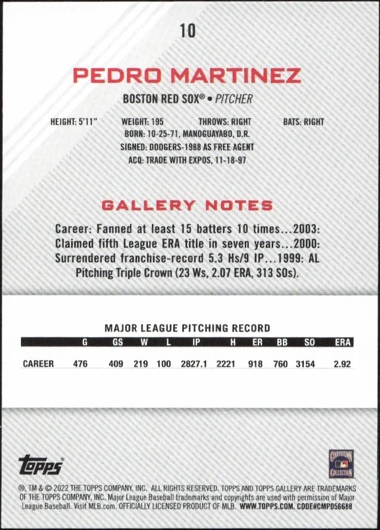 2022 Topps Gallery Pedro Martinez #10 baseball trading card back