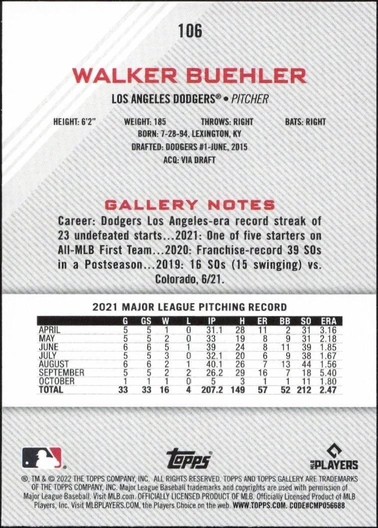 2022 Topps Gallery Walker Buehler #106 baseball trading card back