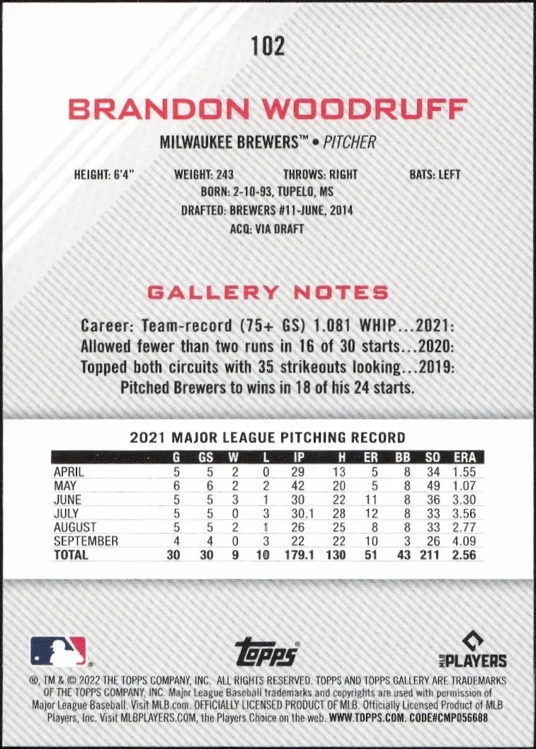 2022 Topps Gallery Brandon Woodruff #102 baseball trading card back