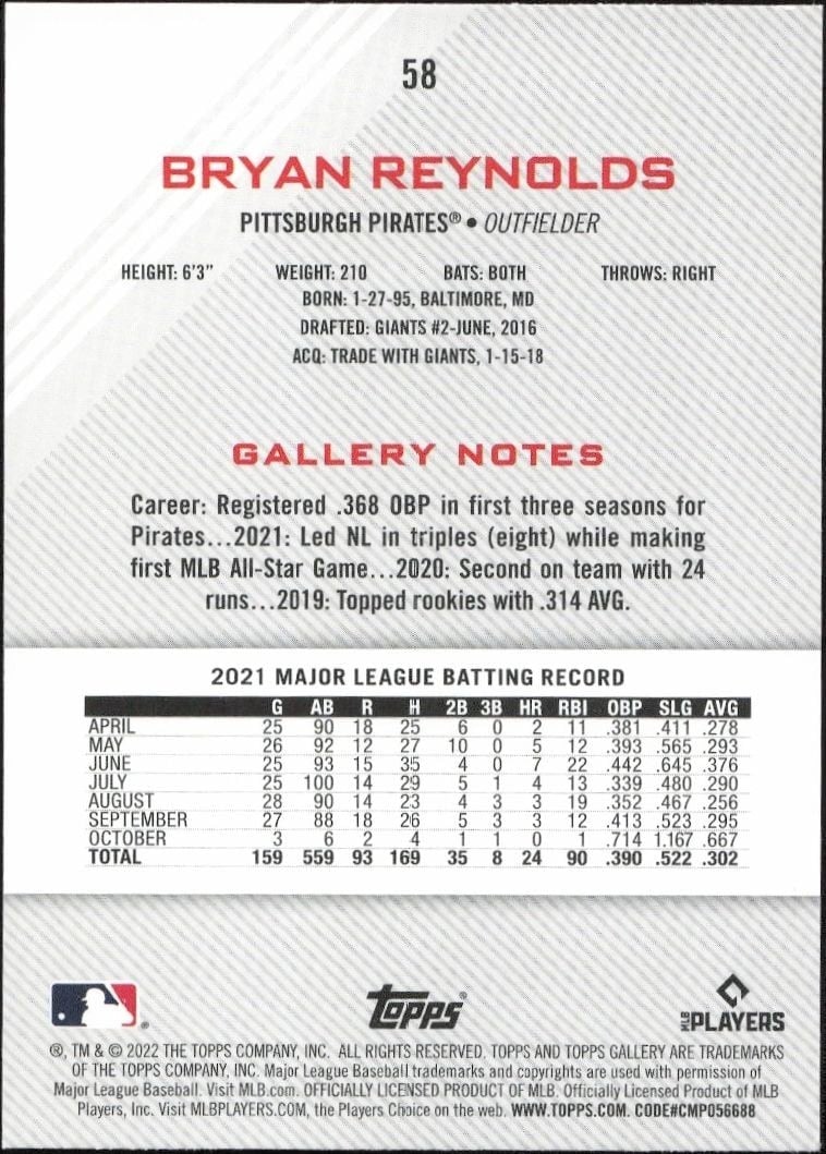 2022 Topps Gallery Bryan Reynolds #58 baseball trading card back