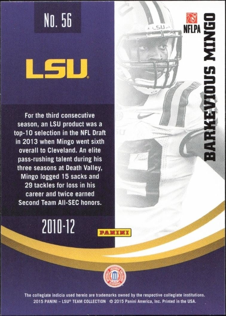 2015 Panini Lsu Team Collection Barkevious Mingo #56 football trading card back