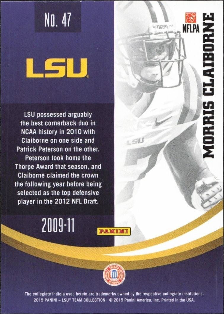 2015 Panini Lsu Team Collection Morris Claiborne #47 football trading card back