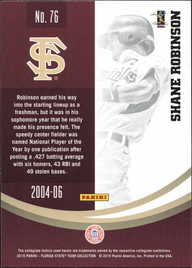 2015 Panini Florida State Team Collection Shane Robinson #76 baseball trading card back