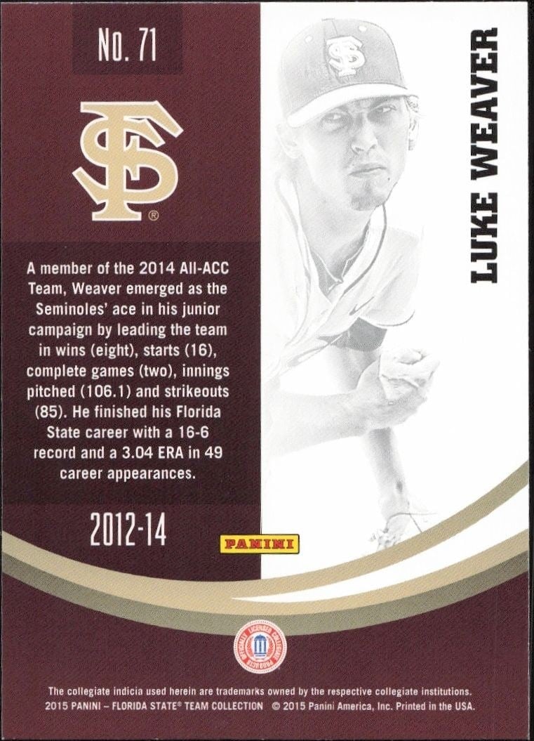 2015 Panini Florida State Team Collection Luke Weaver #71 baseball trading card back