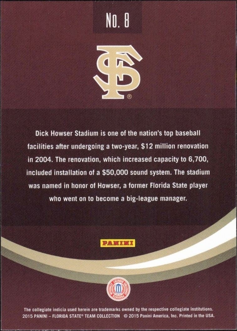2015 Panini Florida State Team Collection Dick Howser Stadium #8 baseball trading card back