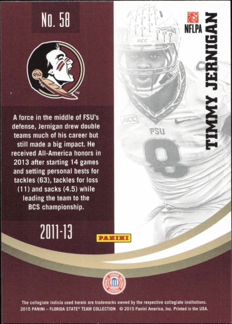 2015 Panini Florida State Team Collection Timmy Jernigan #58 baseball trading card back