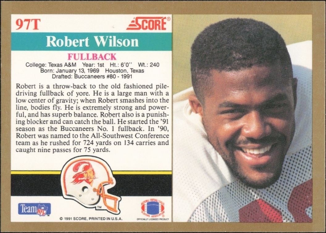 1991 Score Supplemental Robert Wilson #97T football trading card back
