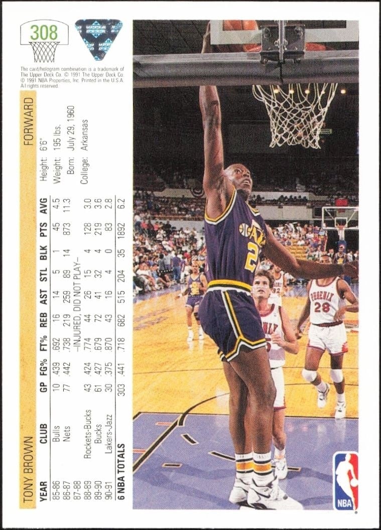 1991-92 Upper Deck Tony Brown #308 basketball trading card back