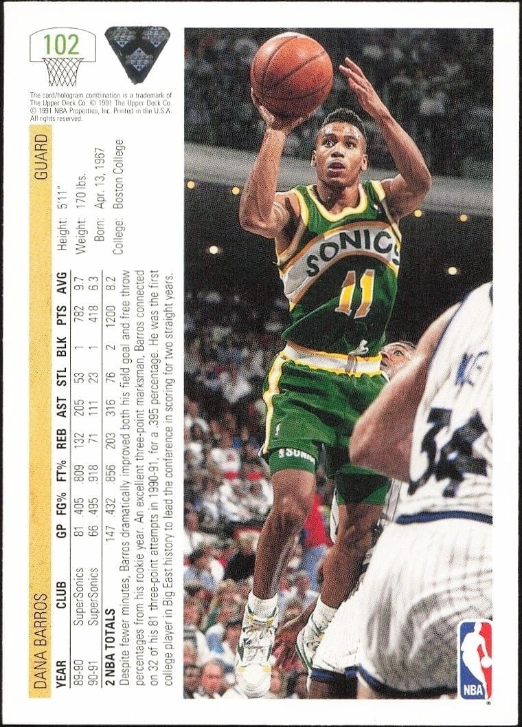 1991-92 Upper Deck Dana Barros #102 basketball trading card back