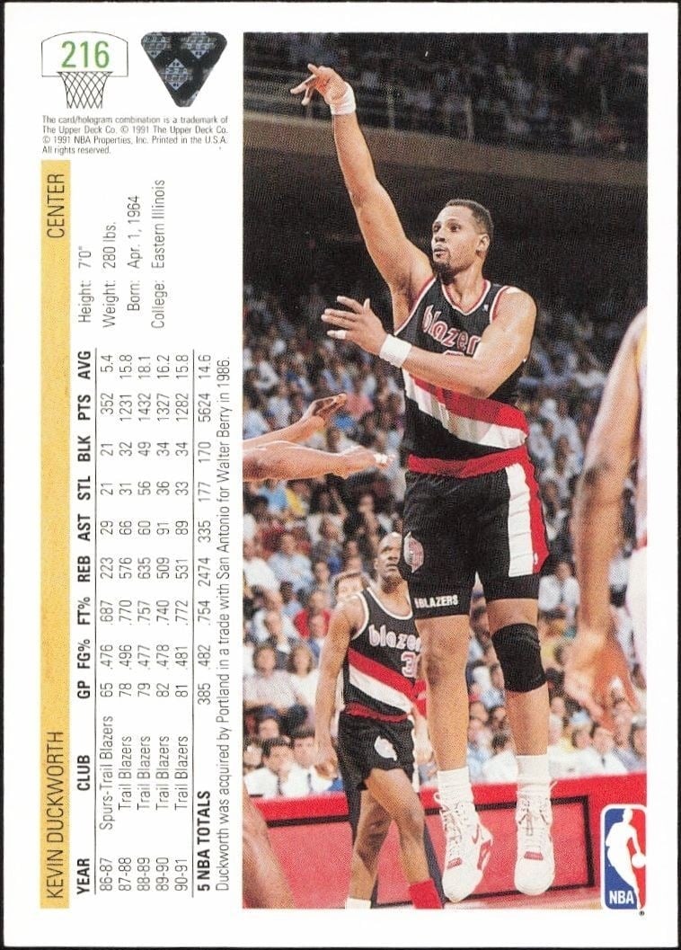 1991-92 Upper Deck Kevin Duckworth #216 basketball trading card back