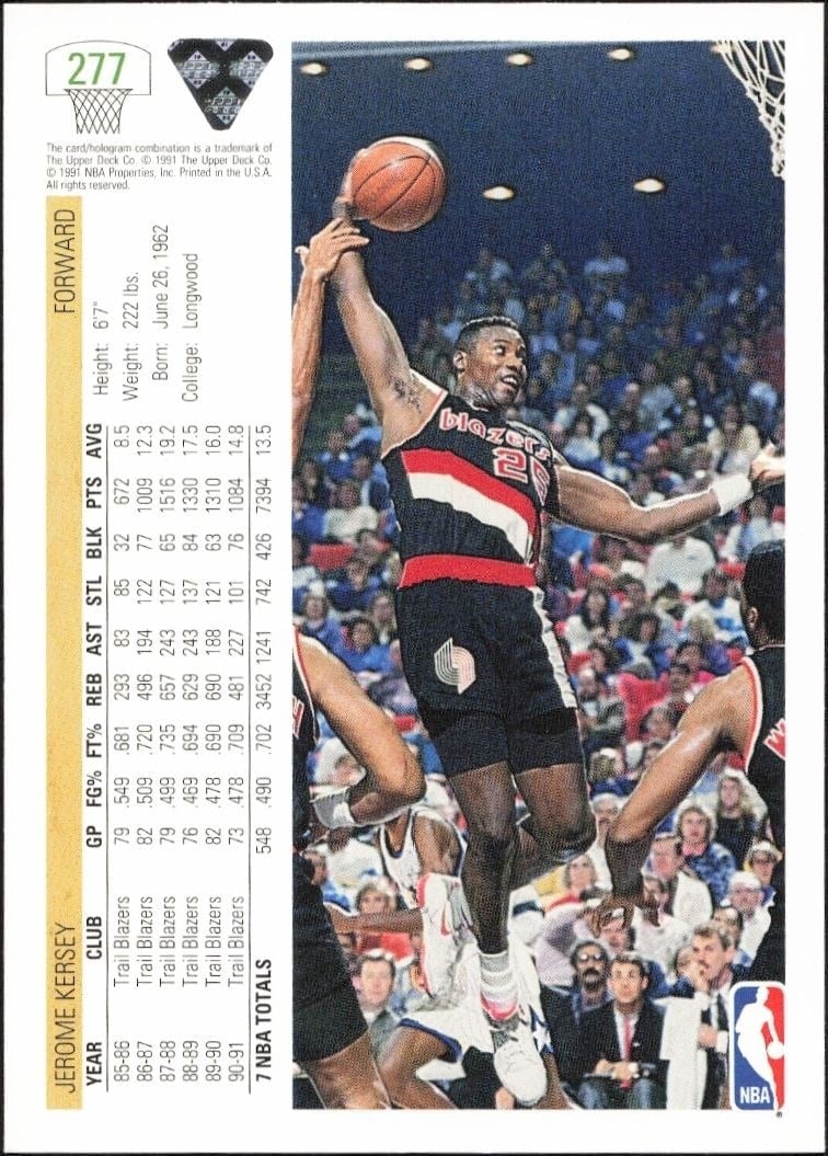 1991-92 Upper Deck Jerome Kersey #277 basketball trading card back