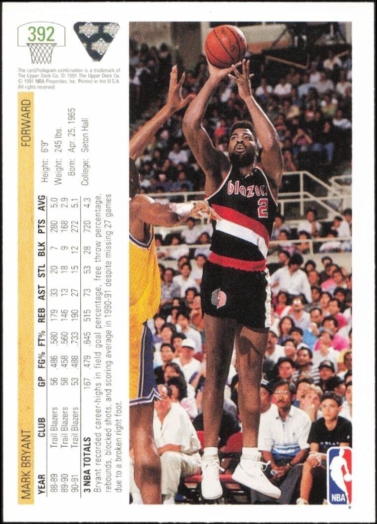 1991-92 Upper Deck Mark Bryant #392 basketball trading card back