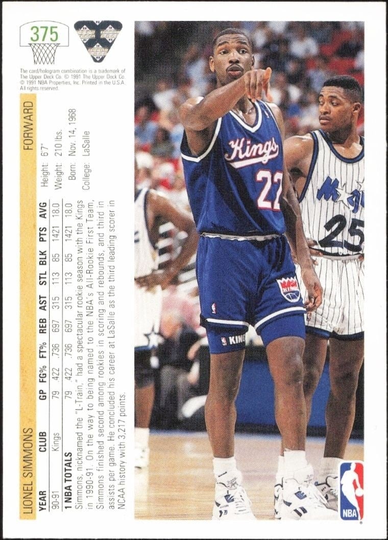 1991-92 Upper Deck Lionel Simmons #375 basketball trading card back