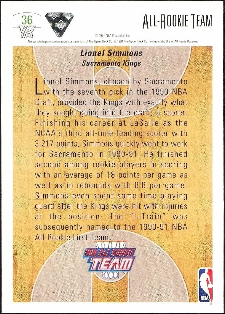 1991-92 Upper Deck Lionel Simmons #36 basketball trading card back