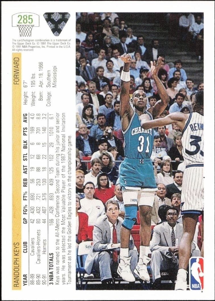 1991-92 Upper Deck Randolph Keys #285 basketball trading card back