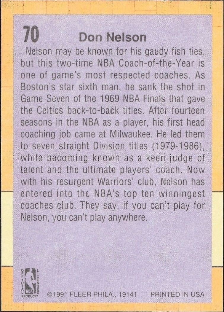 1991-92 Fleer Don Nelson #70 basketball trading card back