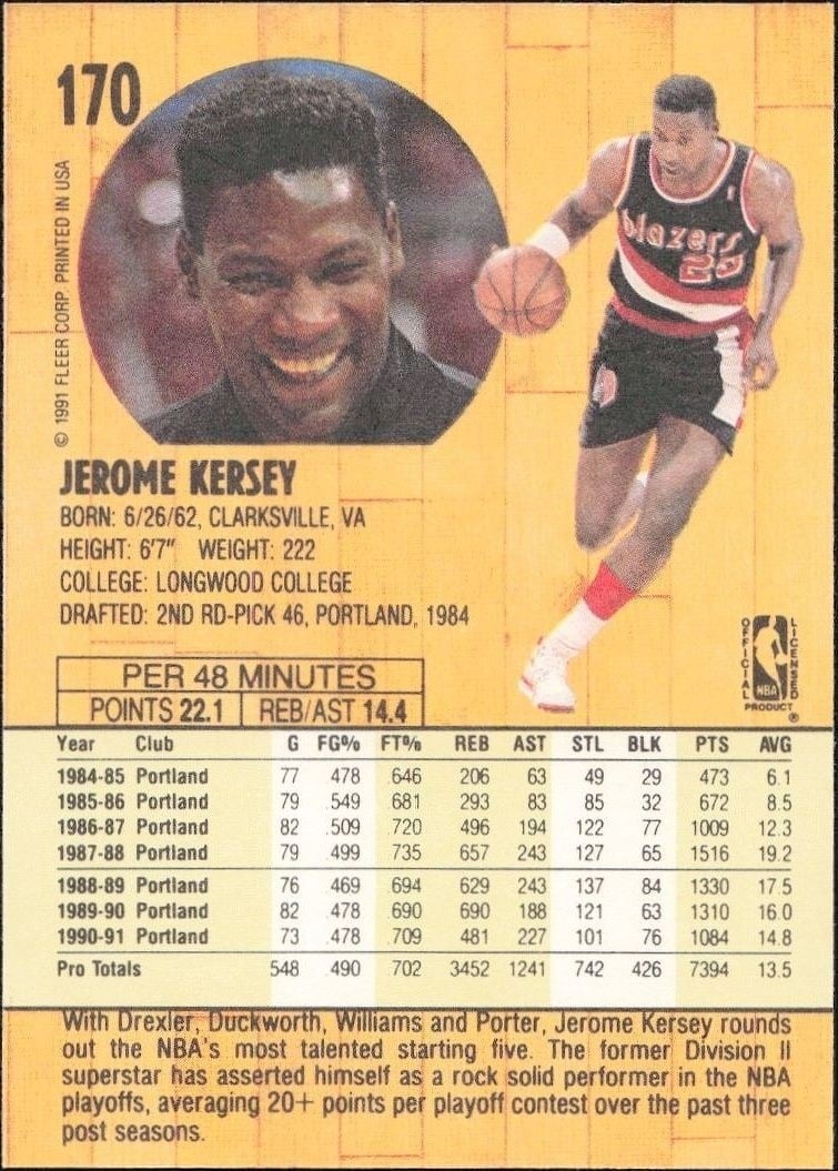 1991-92 Fleer Jerome Kersey #170 basketball trading card back