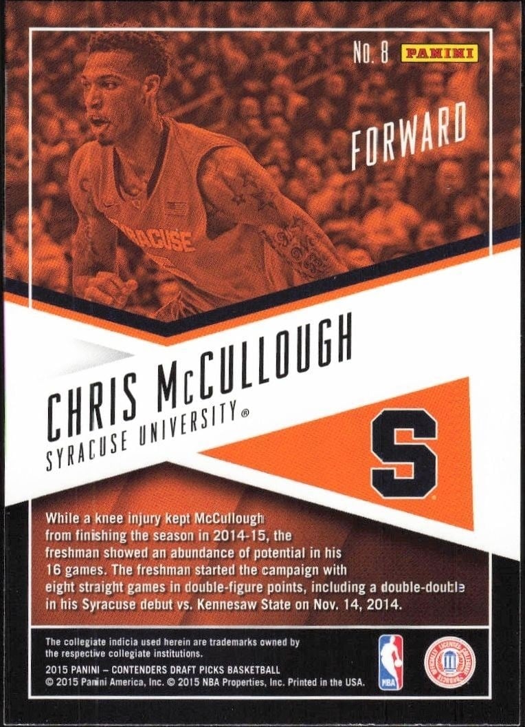 2015-16 Panini Contenders Draft Picks Chris McCullough #8 basketball trading card back