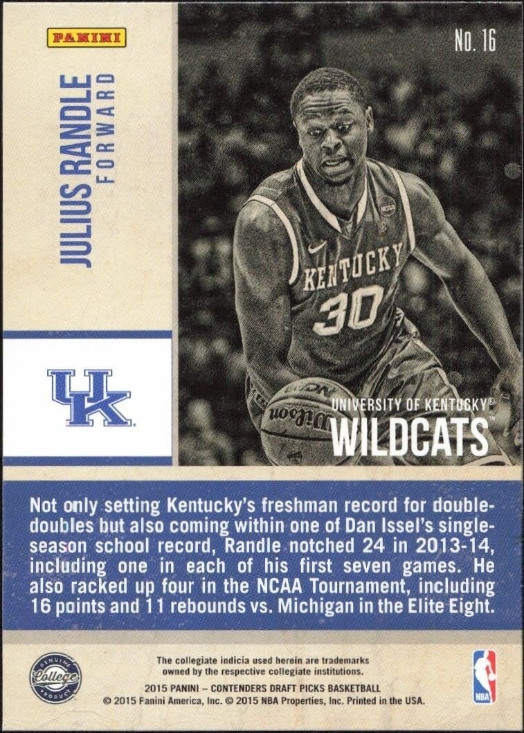2015-16 Panini Contenders Draft Picks Julius Randle #16 basketball trading card back