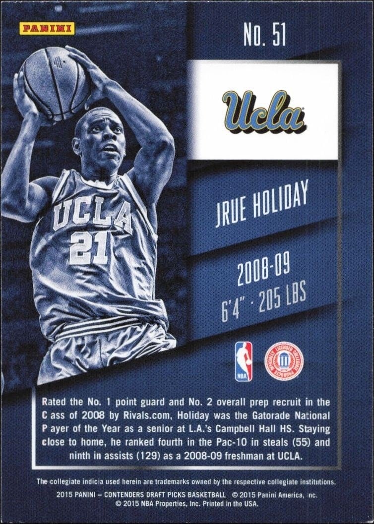 2015-16 Panini Contenders Draft Picks Jrue Holiday #51 basketball trading card back