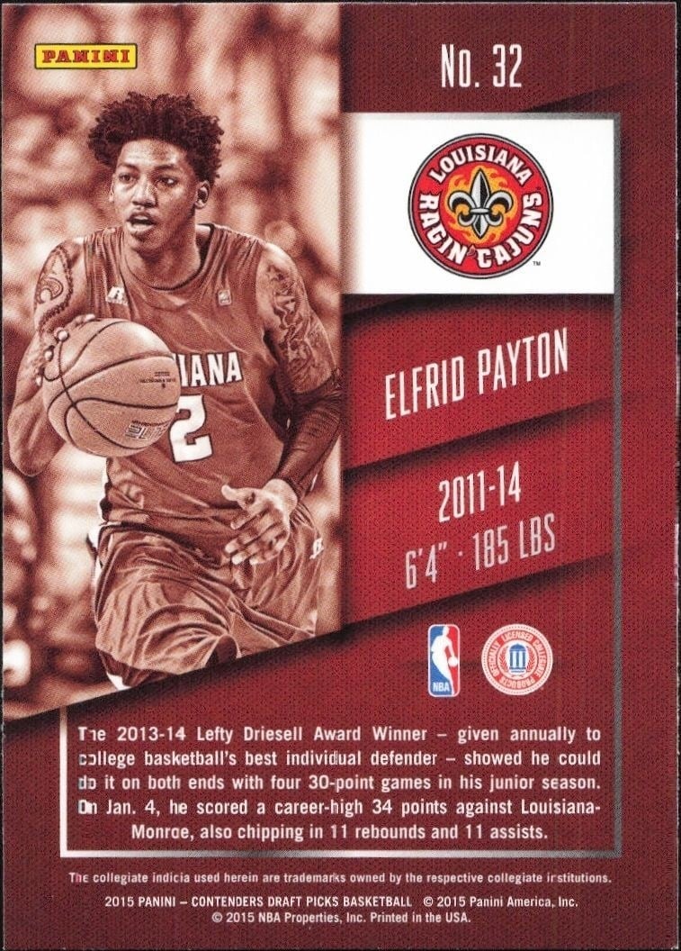 2015-16 Panini Contenders Draft Picks Elfrid Payton #32 basketball trading card back