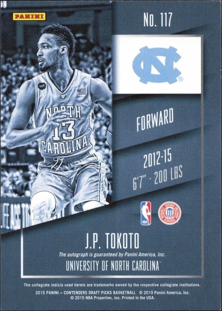 2015-16 Panini Contenders Draft Picks J.P. Tokoto #117 basketball trading card back