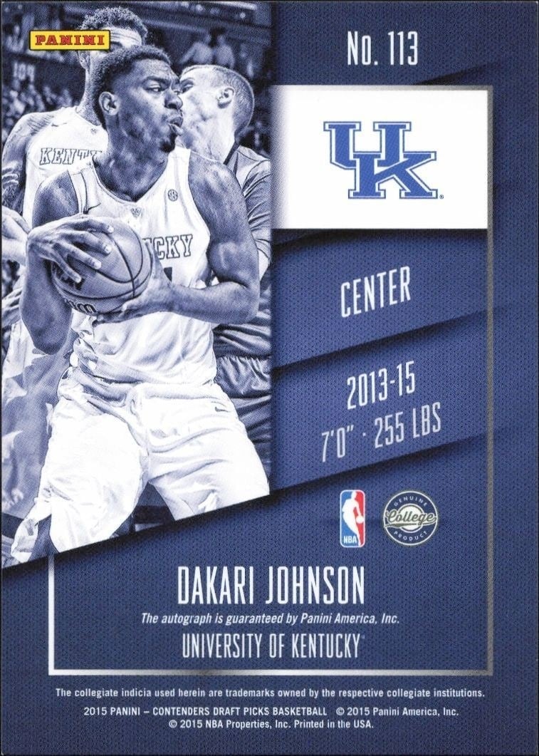2015-16 Panini Contenders Draft Picks Dakari Johnson #113 basketball trading card back
